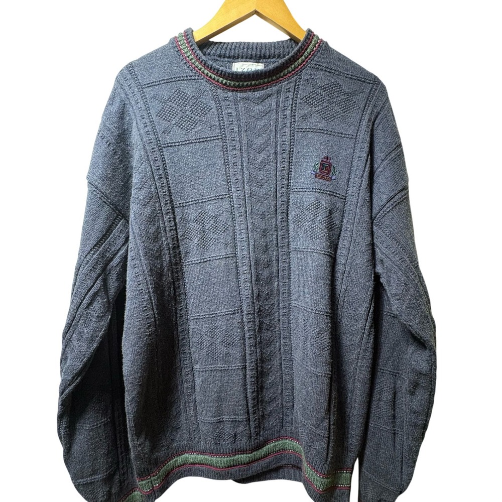 Izod Crewneck Sweater Mens Large Blue Cotton Blend VTG Made in USA Crest Logo